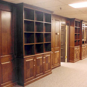 Bookcases and Panelling, built-in: glass, stained red oak with reverse diamond p