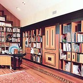 Bookcases with Bar, built-in: natural mahogany and Nigerian satinwood, black lac