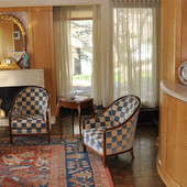Paneled Room, built-in: travertine marble, stained birdseye maple and maple.