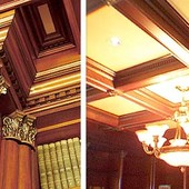 Home Office with bookcases, wainscot and coffered ceiling, built-in: stained mah