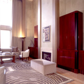 Entertainment center and Bar:  Stained mahogany with satin black lacquer accents