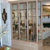 Display Case/Room Divider, built-in: glass, antique painted effect.