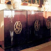 Buffet, freestanding: marble, antique decorative brass plates, stained mahogany 