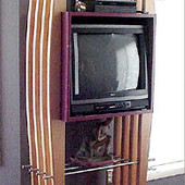 TV Cabinet, freestanding: stainless steel, natural maple and hand rubbed, satin 