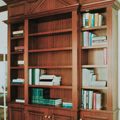 Bookcase:  Stained ribbon striped mahogany.