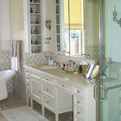 Vanity, built-in: travertine marble, lacquer finish.